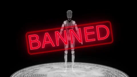 3d render animation of robot behind banned sign icon. Artificial intelligenc Stock Footage 246678033