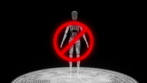 3d render animation of robot behind stop symbol icon with seal efect on robo Vídeo Stock 246678034