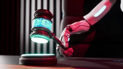 3d render animation of robot hand with hammer of justice and glowing neons f Stock-Footage 246677519
