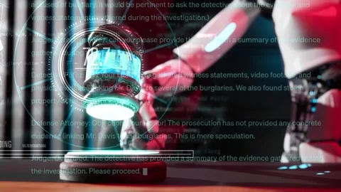 3d render animation of robot hand with hammer of justice and interface graph Stock Footage 246677546