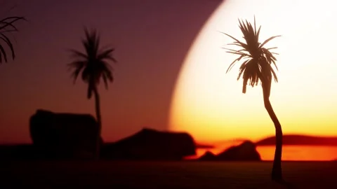 3d render animation of romantic view to ocean with palm tree in focus and su Stock Footage 246678087