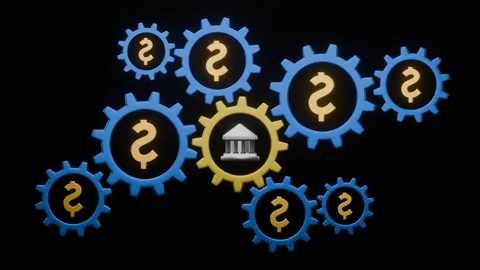 3D render animation of a spinning gear with a dollar and bank symbol Stock Footage 329623139