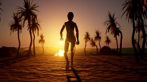 3d render animation of walking a.i. robot on beach while sunrise or sunshine Stock Footage 246678139