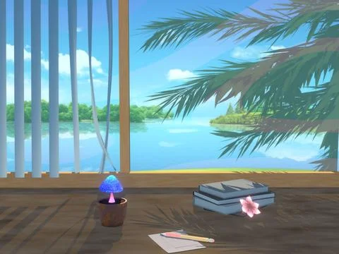 3D render of an anime study room with a large window to the grass park with a po Stock Photos