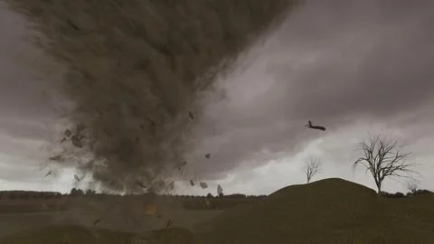 3d render of approaching tornado with debris in rural setting Stock Photos