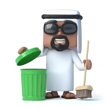 3d render of an Arab with a broom and green trash can. Stockillustratie