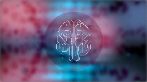 3d render artificial hud brain model giving neuro impulses over misty pink-blue Illustrazione stock