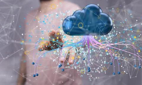 3d render of an artificial intelligence cloud with lines and binary codes 스톡 사진