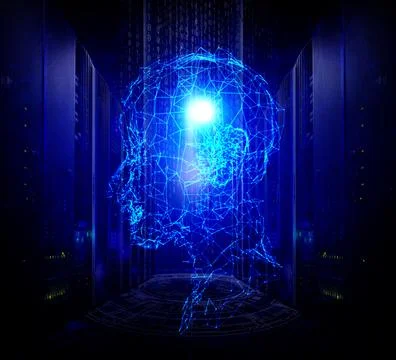 3D render Artificial intelligence human head made of plexus particles on Illustrazione stock
