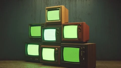 3d render artistic animated stack of televisions old classic with green screen Stock Footage 313599060