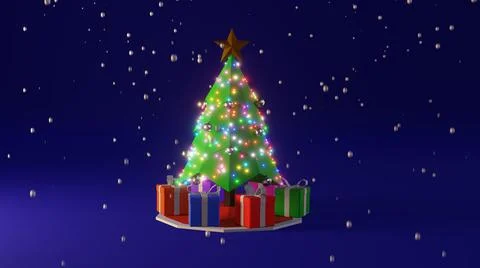 3D render. artoon hristmas tree and gift box with falling snow background Illustrazione stock