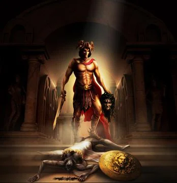 3d render artwork illustration of Perseus defeating Medusa monster. Illustrazione stock