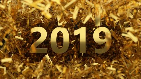 3d render asbtract background with 2019 title among bright small festive shin Stock Illustration