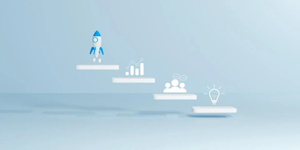 3D render of ascending white platforms with icons of bar chart, teamwork, s.. Stock Photos