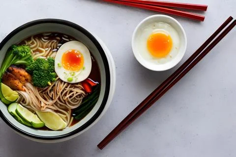 3D render of an Asian-style noodle bowl with pieces of lean meat, egg, and assor Stock Illustration