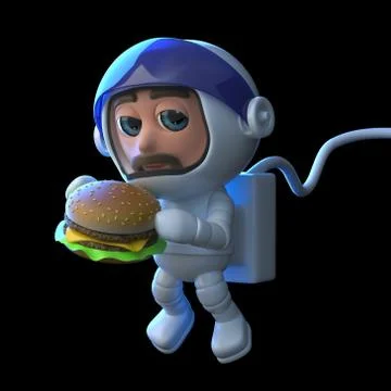 3d render of an astronaut floating in space and eating a beefburger. Stock Illustration