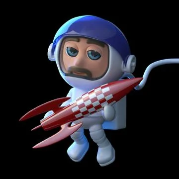 3d render of an astronaut floating in space and holding a small red rocket. Stockillustratie