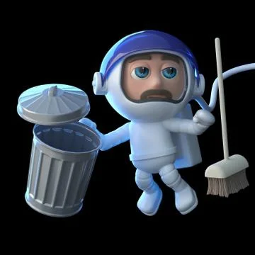 3d render of an astronaut with a trash can and broom Stockillustratie