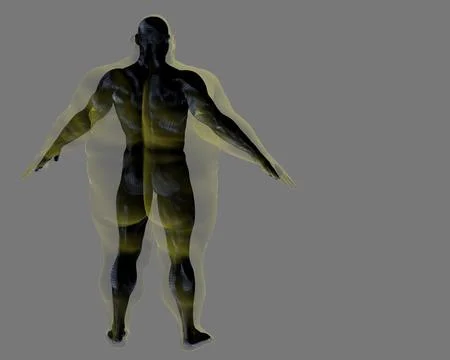 3D render. Athletic man inside an obese body on a gray background. Copy space. Illustrazione stock