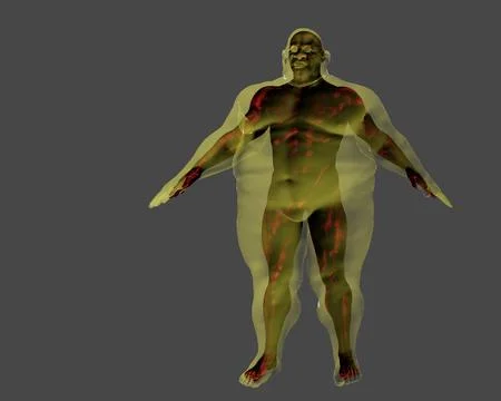 3D render. Athletic man inside an obese body on a gray background. Stock Illustration