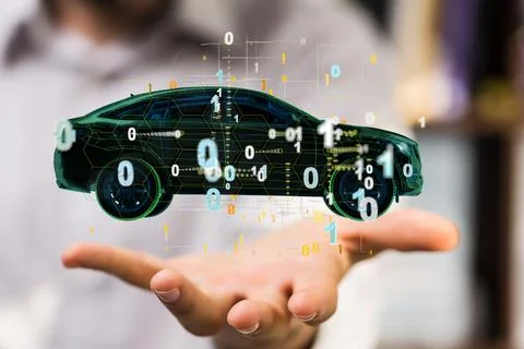 3D render of autonomous driving icon with an electric car 写真素材