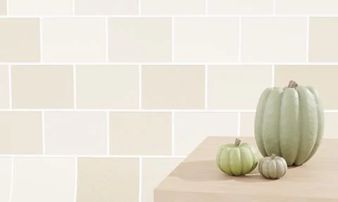 3d render. Autumn background. Pumpkin on the kitchen table. Tiled wall. 3d Stock Illustration