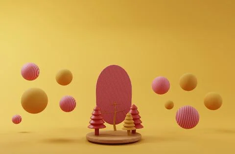 3D render. Autumn composition. Autumn cartoon trees on the podium. 3d Stock Illustration