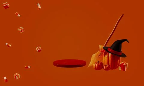 3d render. Autumn composition mocap. Pumpkin witch hat and broom. Autumn Stock Illustration