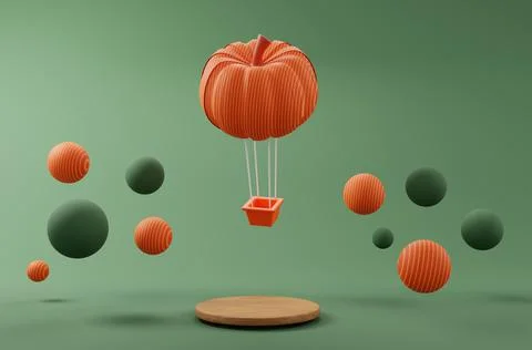3D render. Autumn fantasy composition. Autumn cartoon pumpkin hot air balloon Stock Illustration