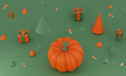 3D render. Autumn fantasy composition. Autumn cartoon pumpkin gifts and Stock Illustration