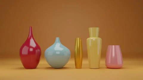 3D render, Autumn themed multi-color vases, fall color background Stock Illustration