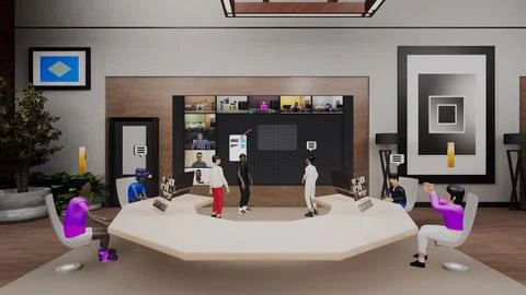 3D render of avatars on conference in virtual office Illustrazione stock