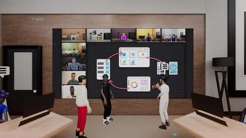 3D render of avatars on conference in virtual office Illustrazione stock