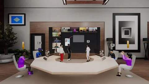 3D render of avatars on conference in virtual office Stock Illustration