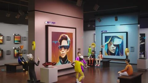3D render of avatars in futuristic immersive virtual museum Stock Illustration