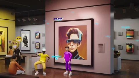 3D render of avatars in futuristic immersive virtual museum Stock Illustration