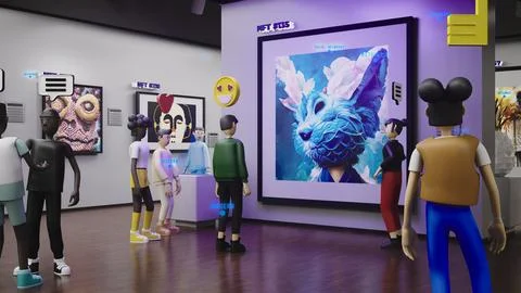 3D Render of avatars in futuristic virtual museum Stock Illustration