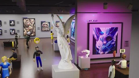 3D Render of avatars in futuristic virtual museum Stock Illustration