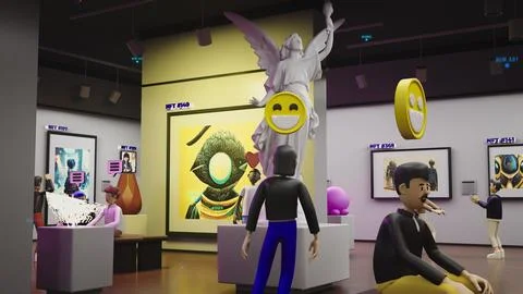 3D Render of avatars in futuristic virtual museum Stock Illustration