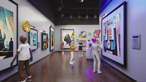 3D render of avatars look at NFT pictures in metaverse イラスト素材
