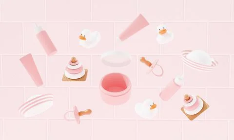3d render. Baby accessories for bathing on table on tile background. shampoo and Stock Illustration