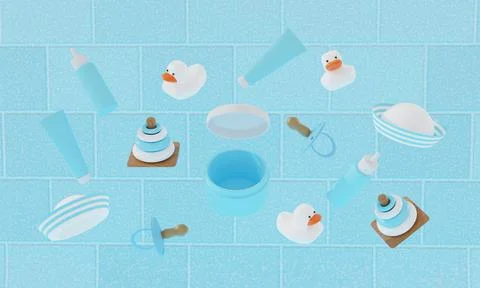 3d render. Baby accessories for bathing on table on tile background. shampoo and 스톡 일러스트