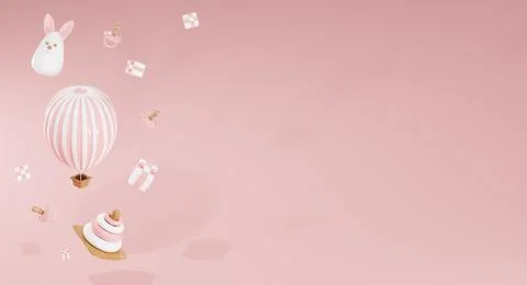 3D render. Baby shower horizontal banner with cartoon hot air balloon, helium Stock Illustration