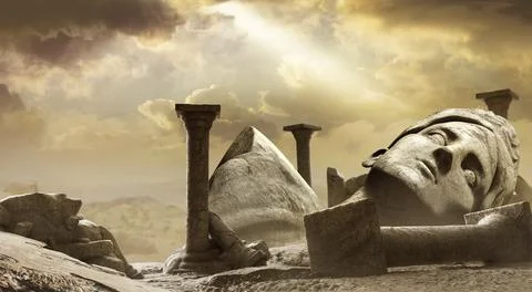 3d render background illustration of greek ruined temple. Stock Illustration