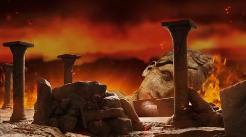 3d render background illustration of greek ruined temple burning. Illustrazione stock