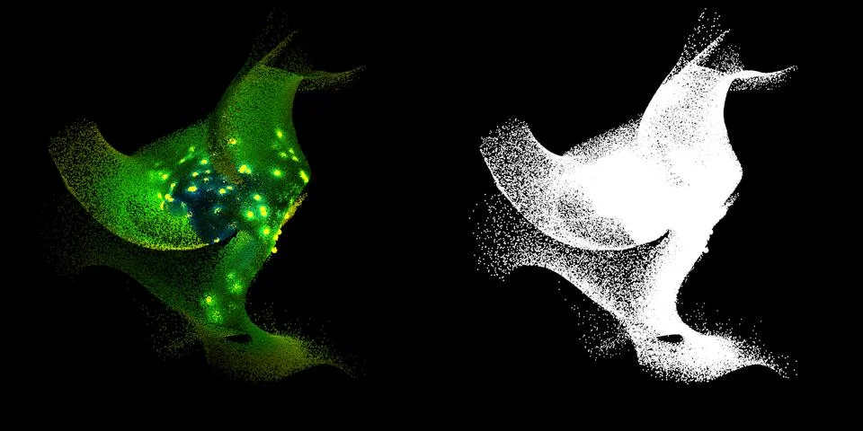 3d render background with a lot of particles. Dynamic form made of random col Stock Illustration