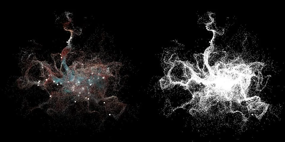 3d render background with a lot of particles. Dynamic form made of random col Stock Illustration