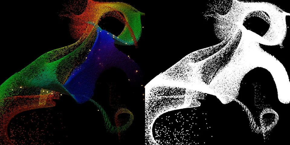 3d render background with a lot of particles. Dynamic form made of random col Stock Illustration