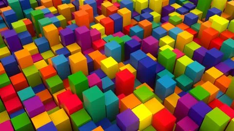 3d render background with many rows of bright colorful cubes, computer generated Stock Illustration