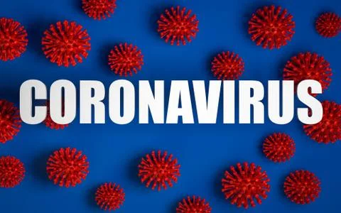 3d render background of red virus models on blue and white text banner Stock Illustration